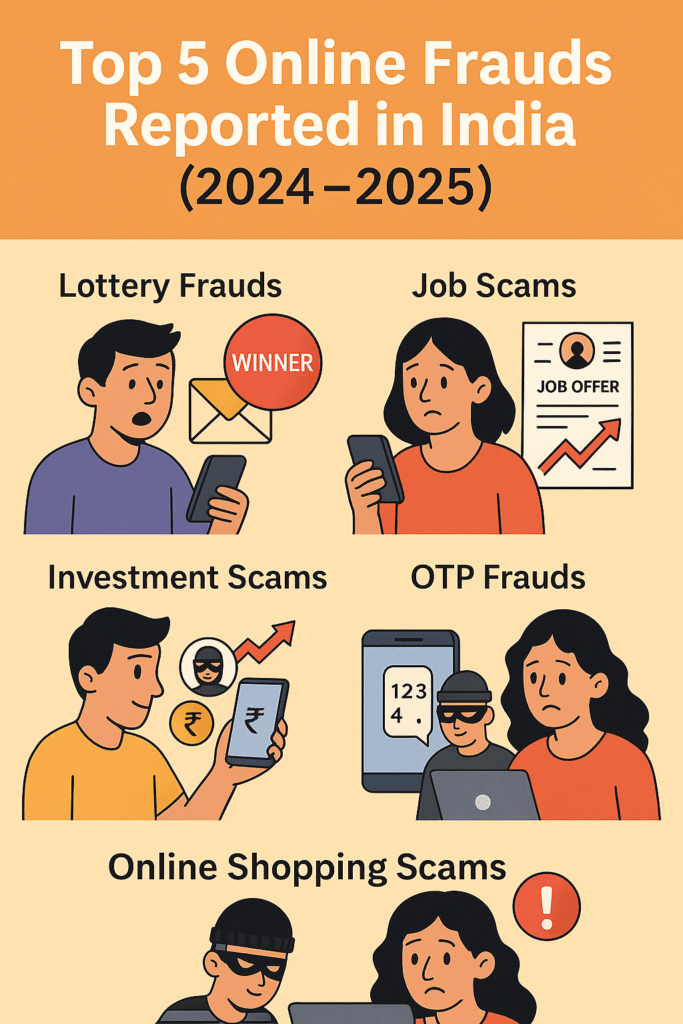 Infographic illustrating the top 5 online frauds reported in India (2024–2025): Lottery Frauds, Job Scams, Investment Scams, OTP Frauds, and Online Shopping Scams, each shown with expressive cartoon visuals.