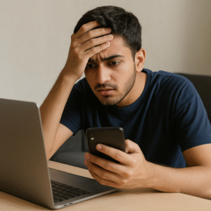A young Indian male student sits at a desk looking stressed while checking his phone, with a laptop open in front of him, reflecting anxiety after an online scam.