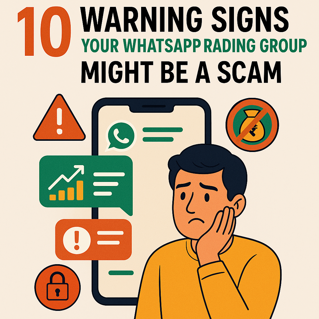 A digital illustration titled "10 Warning Signs Your WhatsApp Trading Group Might Be a Scam" featuring a concerned man beside a smartphone showing WhatsApp messages, surrounded by icons of danger signs, padlock, rising graph, and a crossed-out money bag, symbolizing fraud and alertness.