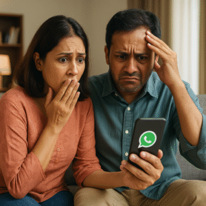 A photograph captures an Indian couple seated closely on a living room sofa, both staring anxiously at a smartphone displaying the WhatsApp logo. The man looks tense, with his hand on his forehead, while the woman appears shocked and concerned, covering her mouth with her hand.