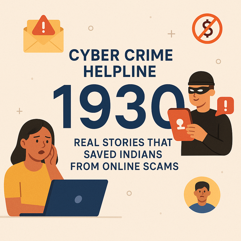 Cyber Crime Helpline 1930" in bold letters, with a concerned woman on a laptop, a masked scammer holding a phone, warning signs, and the tagline "Real Stories That Saved Indians from Online Scam