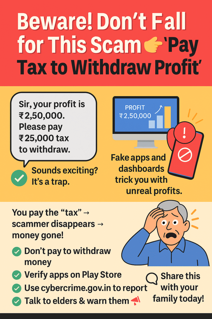 Infographic warning about the 'Pay Tax to Withdraw Profit' scam. It shows a fake profit message of ₹2,50,000, a blocked mobile icon, and a shocked elderly man. Includes safety tips: don’t pay to withdraw money, verify apps on Play Store, report scams at cybercrime.gov.in, and educate elders. Designed with bold red, yellow, and beige sections for clarity and urgency