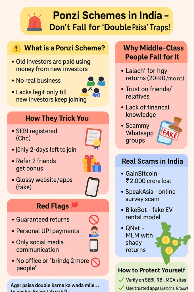Ponzi Schemes in India – Don’t Fall for ‘Double Paisa’ Traps!" explaining Ponzi schemes in simple terms. It highlights what a Ponzi scheme is, why middle-class people fall for them, how scammers trick investors, real-life scam examples in India, common red flags, and tips to protect oneself. Includes colorful sections, icons, and emojis to improve readability and awareness